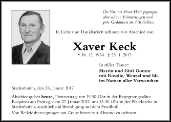 Traueranzeige von Xaver Keck von Der Westallgäuer