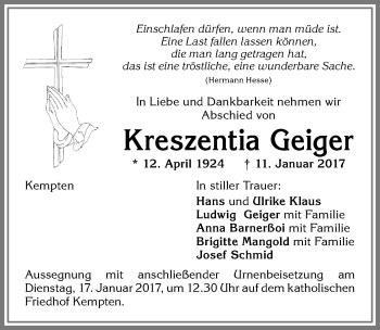 Traueranzeige von Kreszentia Geiger von Allgäuer Zeitung,Kempten