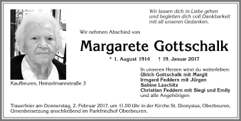 Traueranzeige von Margarete Gottschalk von Allgäuer Zeitung, Kaufbeuren/Buchloe