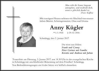 Traueranzeige von Anny Kügler von Der Westallgäuer
