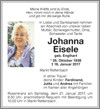 Traueranzeige von Johanna Eisele von Memminger Zeitung