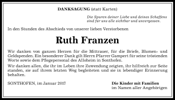 Traueranzeige von Ruth Franzen von Allgäuer Anzeigeblatt