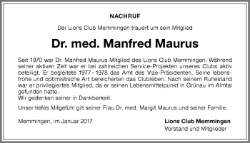 Traueranzeige von Manfred Maurus von Memminger Zeitung