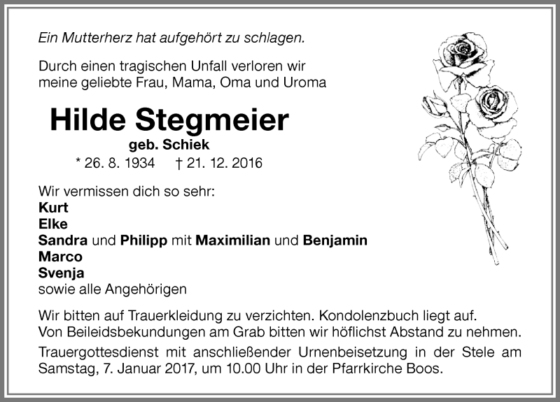  Traueranzeige für Hilde Stegmeier vom 05.01.2017 aus Memminger Zeitung