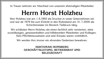 Traueranzeige von Horst Holzheu von Allgäuer Zeitung, Marktoberdorf