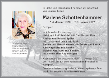 Traueranzeige von Marlene Schottenhammer von Allgäuer Zeitung,Kempten