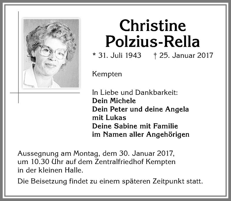  Traueranzeige für Christine Polzius-Rella vom 28.01.2017 aus Allgäuer Zeitung,Kempten