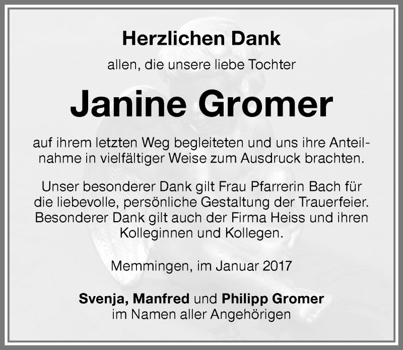  Traueranzeige für Janine Gromer vom 14.01.2017 aus Memminger Zeitung