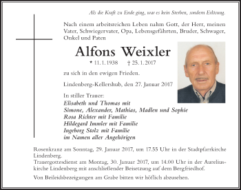 Traueranzeige von Alfons Weixler von Der Westallgäuer