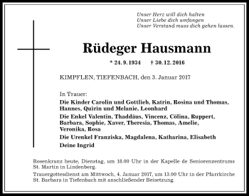 Traueranzeige von Rüdeger Hausmann von Allgäuer Anzeigeblatt