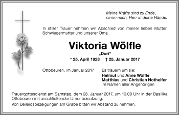 Traueranzeige von Viktoria Wölfle von Memminger Zeitung