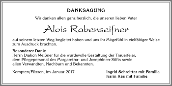 Traueranzeige von Alois Rabenseifner von Allgäuer Zeitung,Kempten