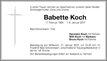 Traueranzeige von Babette Koch von Memminger Zeitung