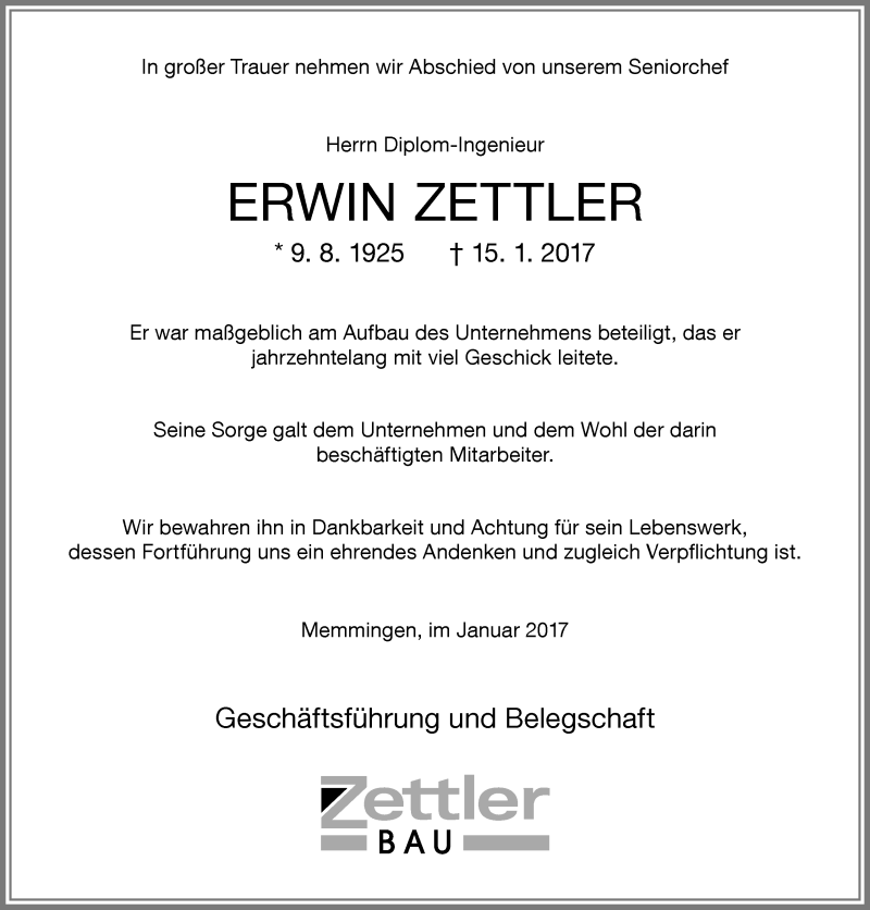  Traueranzeige für Erwin Zettler vom 17.01.2017 aus Memminger Zeitung