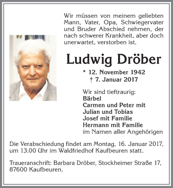 Traueranzeige von Ludwig Dröber von Allgäuer Zeitung, Kaufbeuren/Buchloe