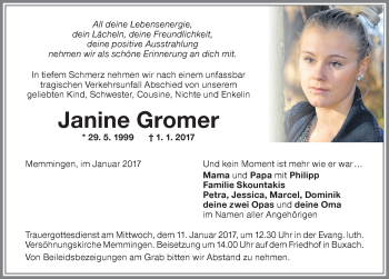 Traueranzeige von Janine Gromer von Memminger Zeitung