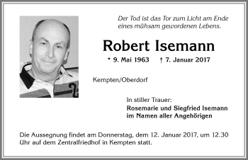 Traueranzeige von Robert Isemann von Allgäuer Zeitung,Kempten