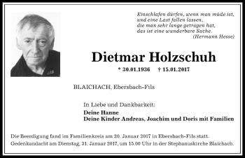 Traueranzeige von Dietmar Holzschuh von Allgäuer Anzeigeblatt