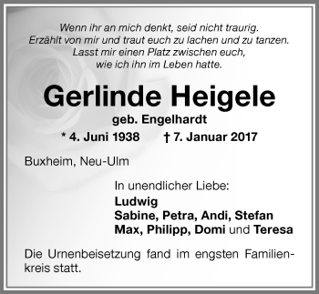 Traueranzeige von Gerlinde Heigele von Memminger Zeitung