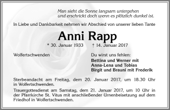 Traueranzeige von Anni Rapp von Allgäuer Zeitung