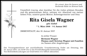 Traueranzeige von Rita Gisela Wagner von Allgäuer Anzeigeblatt