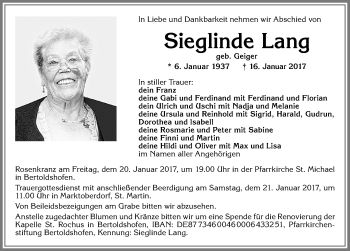 Traueranzeige von Sieglinde Lang von Allgäuer Zeitung, Marktoberdorf