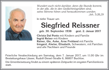 Traueranzeige von Siegfried Reissner von Allgäuer Zeitung