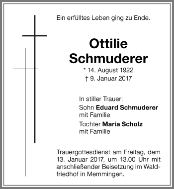 Traueranzeige von Ottilie Schmuderer von Memminger Zeitung