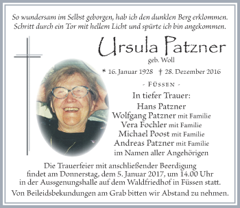 Traueranzeige von Ursula Patzner von Allgäuer Zeitung, Füssen