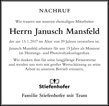 Traueranzeige von Janusch Mansfeld von Der Westallgäuer