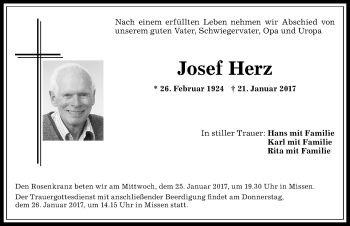 Traueranzeige von Josef Herz von Allgäuer Anzeigeblatt