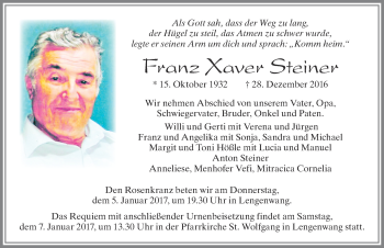 Traueranzeige von Franz Xaver Steiner von Allgäuer Zeitung, Marktoberdorf