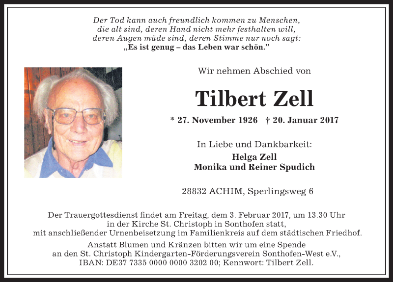  Traueranzeige für Tilbert Zell vom 30.01.2017 aus Allgäuer Anzeigeblatt