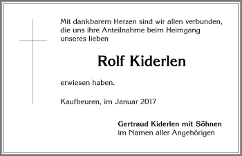 Traueranzeige von Rolf Kiderlen von Allgäuer Zeitung, Kaufbeuren/Buchloe