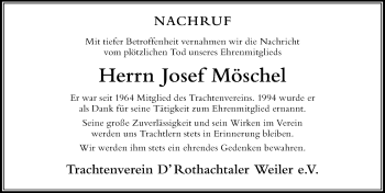 Traueranzeige von Josef Möschel von Der Westallgäuer