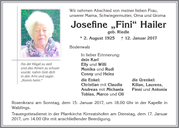 Traueranzeige von Josefine Hailer von Allgäuer Zeitung,Kempten