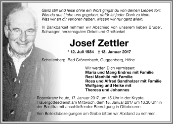 Traueranzeige von Josef Zettler von Memminger Zeitung