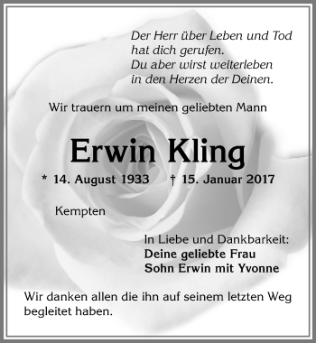 Traueranzeige von Erwin Kling von Allgäuer Zeitung,Kempten