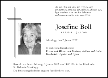 Traueranzeige von Josefine Boll von Der Westallgäuer