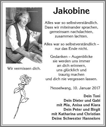 Traueranzeige von Jakobine  von Allgäuer Zeitung, Füssen