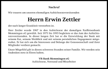 Traueranzeige von Erwin Zettler von Memminger Zeitung