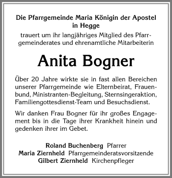 Traueranzeige von Anita Bogner von Allgäuer Zeitung,Kempten