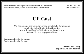 Traueranzeige von Uli Gast von Allgäuer Anzeigeblatt