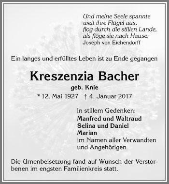 Traueranzeige von Kreszenzia Bacher von Allgäuer Zeitung,Kempten