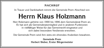Traueranzeige von Klaus Holzmann von Allgäuer Zeitung, Füssen