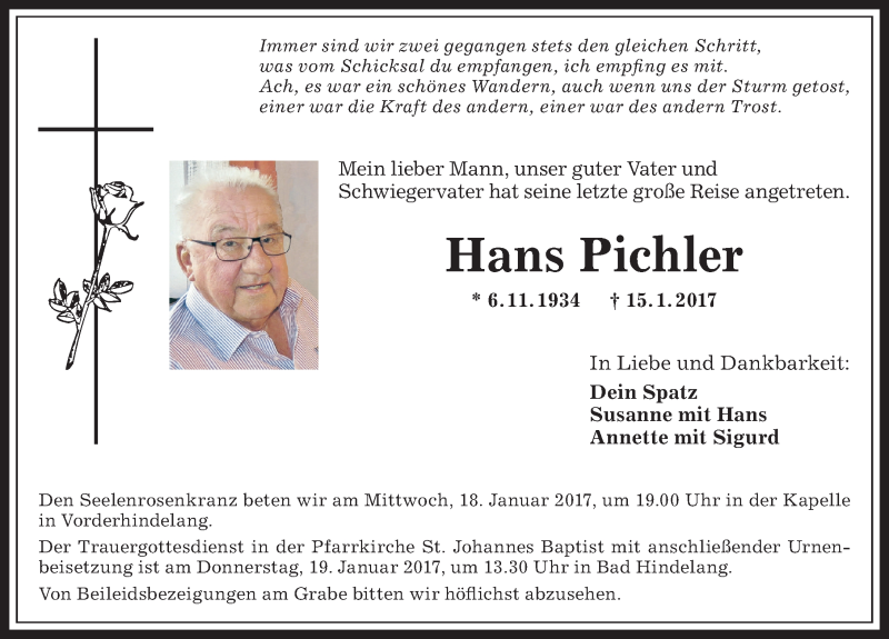  Traueranzeige für Hans Pichler vom 17.01.2017 aus Allgäuer Anzeigeblatt