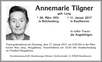 Traueranzeige von Annemarie Tilgner von Allgäuer Zeitung, Kaufbeuren/Buchloe