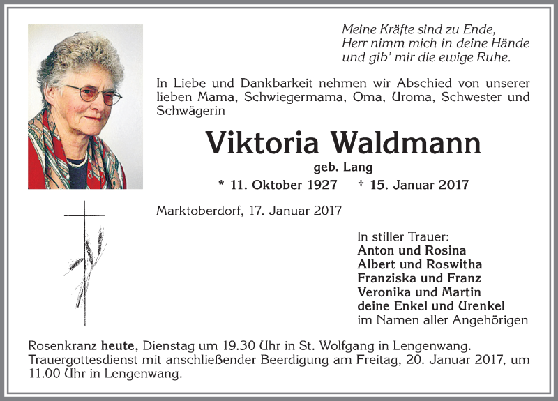  Traueranzeige für Viktoria Waldmann vom 17.01.2017 aus Allgäuer Zeitung, Marktoberdorf