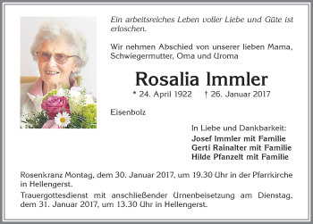 Traueranzeige von Rosalia lmmler von Allgäuer Zeitung,Kempten