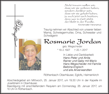 Traueranzeige von Rosmarie Jordan von Der Westallgäuer